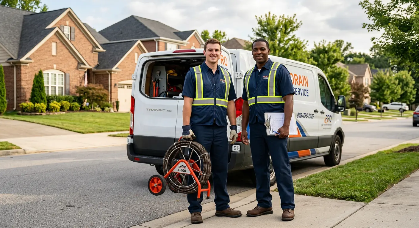 Sewer and drain service team with equipment ready for work in Cypress
