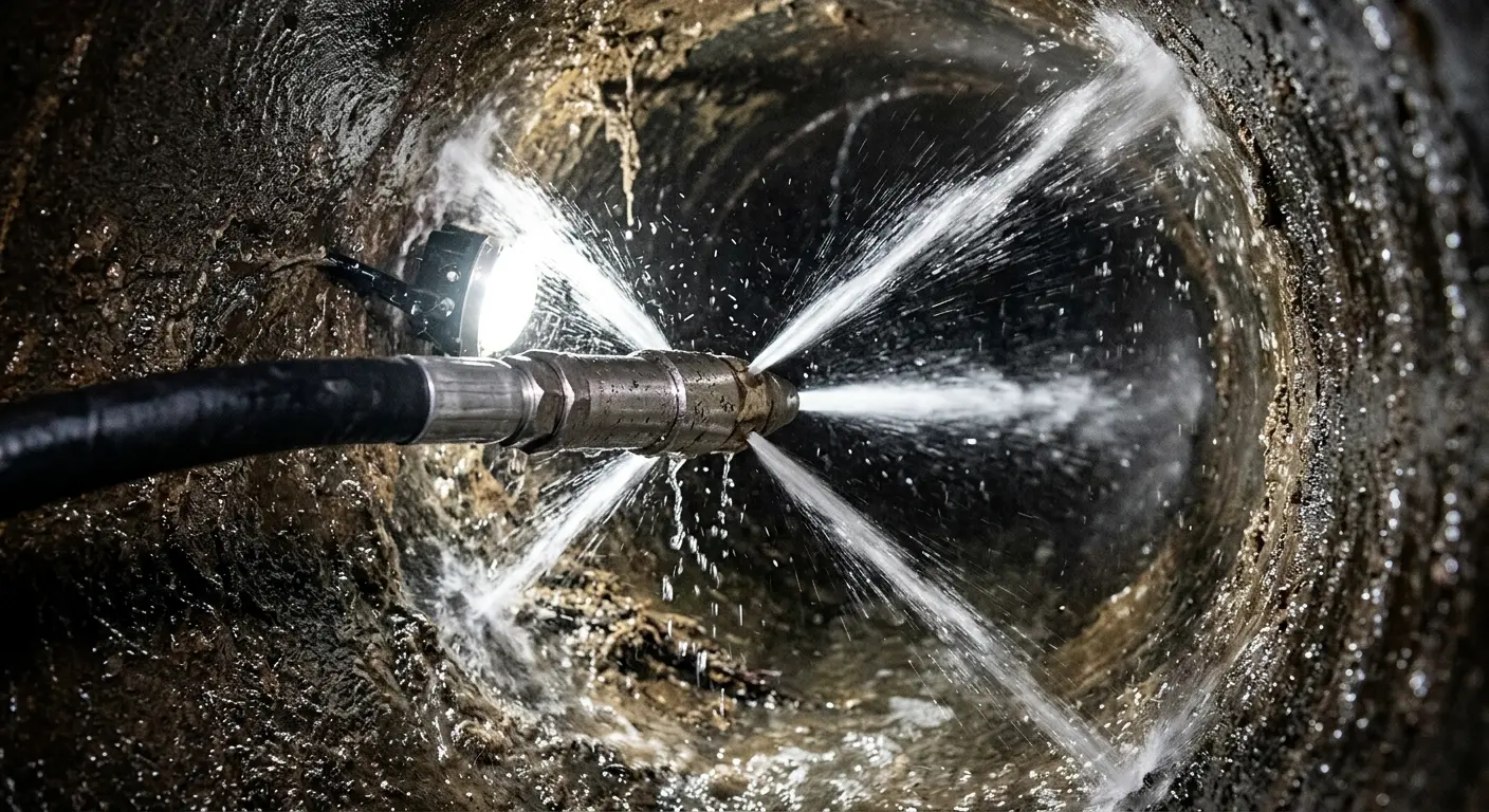 High-pressure hydro jetting nozzle cleaning sewer pipe for Sewer Cleanout in Cypress