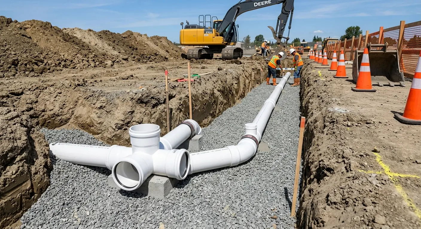 New PVC sewer pipe installation in open trench for Sewer Backup in Cypress